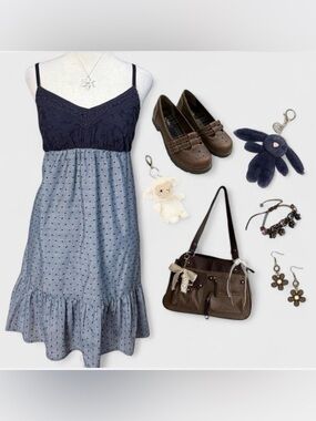 Y2K Cottagecore Maurices Navy Blue Ruffle Polka Dot Babydoll Dress Size Small